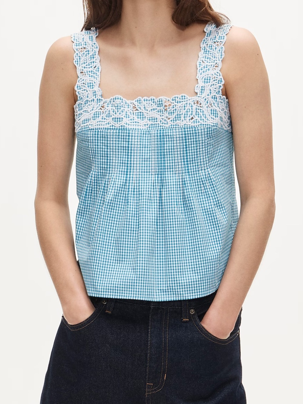 J. Crew Embroidered lace-trim tank top in gingham compact poplin